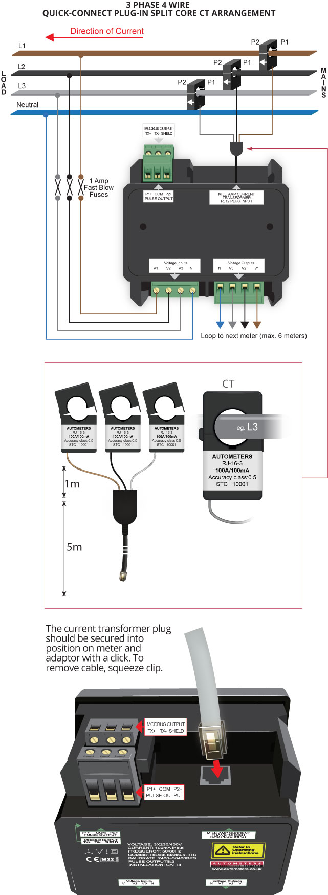 MA-20 3 phase 4 wire split core CT arrangement